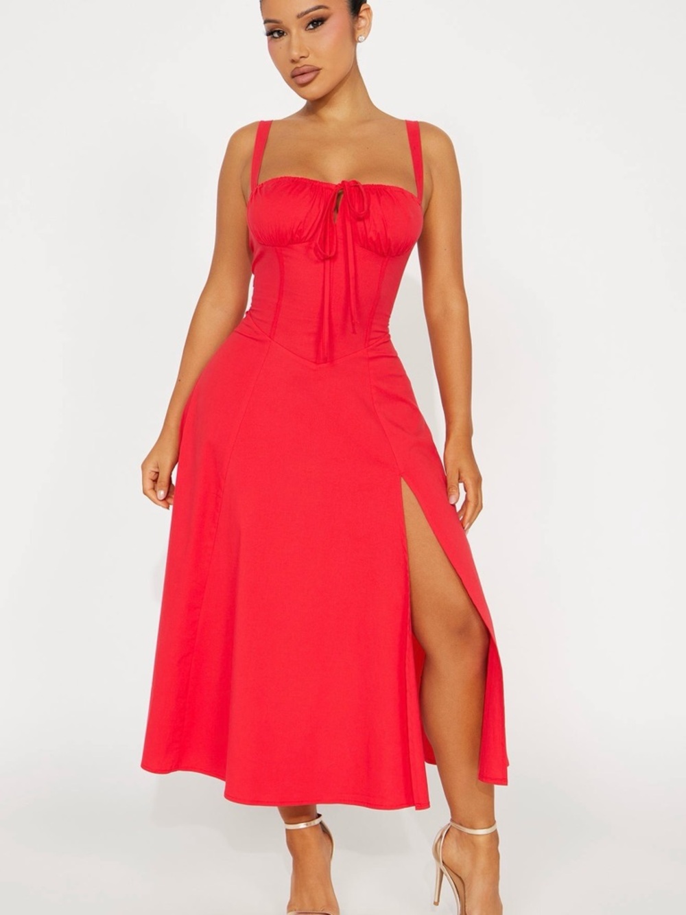Fashion Nova Red Midi Corset Dress with Side Slit